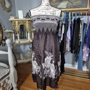 Boho Strapless Dress in Black and Gray with Floral Design One Size